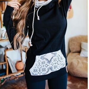 AMPERSAND AVE Black Hoodie with White Lace Details